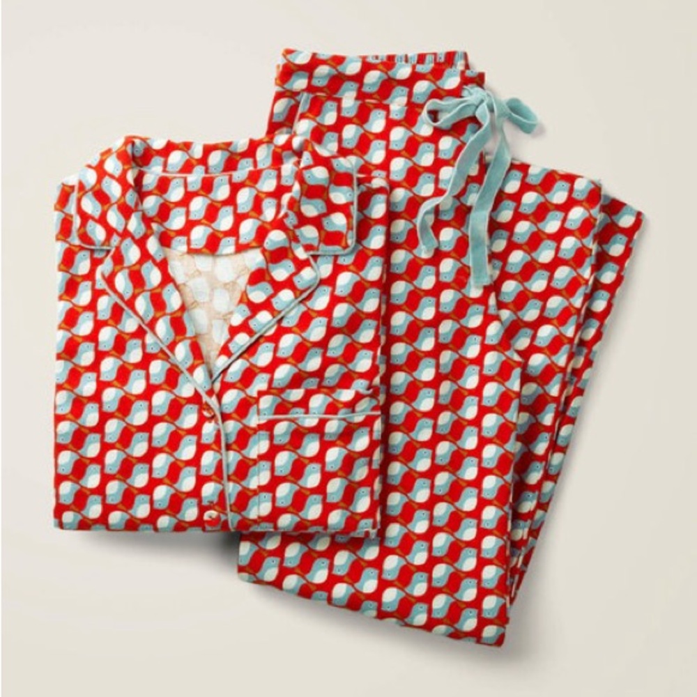Boden Size 8 Vanessa Cosy Pajama’s - Red and Light Blue Bird-Print Pajamas
